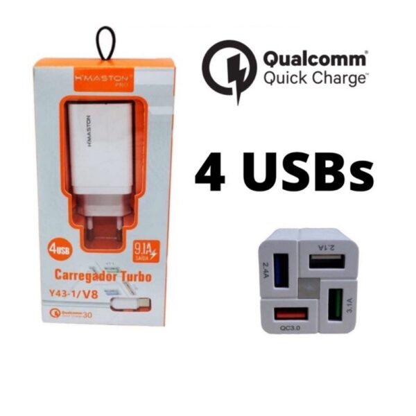 Carregador Fonte De Tomada Turbo 9.1a com 4 Portas Usb QuickCharger 3.0 Y43-4 Branco