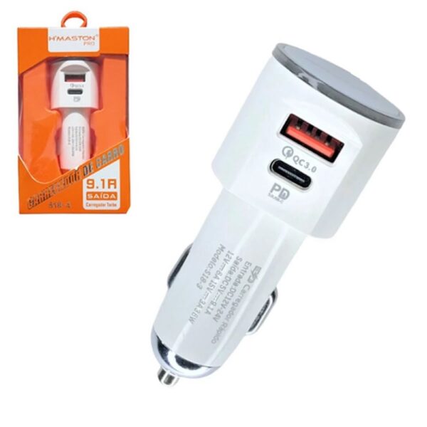 Carregador Fonte de Carro Veicular Turbo com 2 saídas (USB + TIPO C) S18-4 Branco