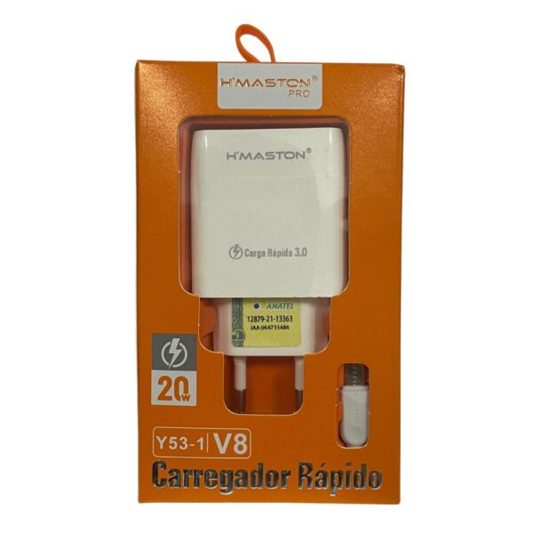 Carregador Rápido com Cabo 3.0 V8 20w Y53-1 Branco